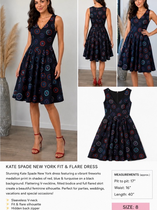 kate spade Dresses & Skirts - Kate Spade Black Fit & Flare Dress with Red, Blue & Turquoise Medallion Print
